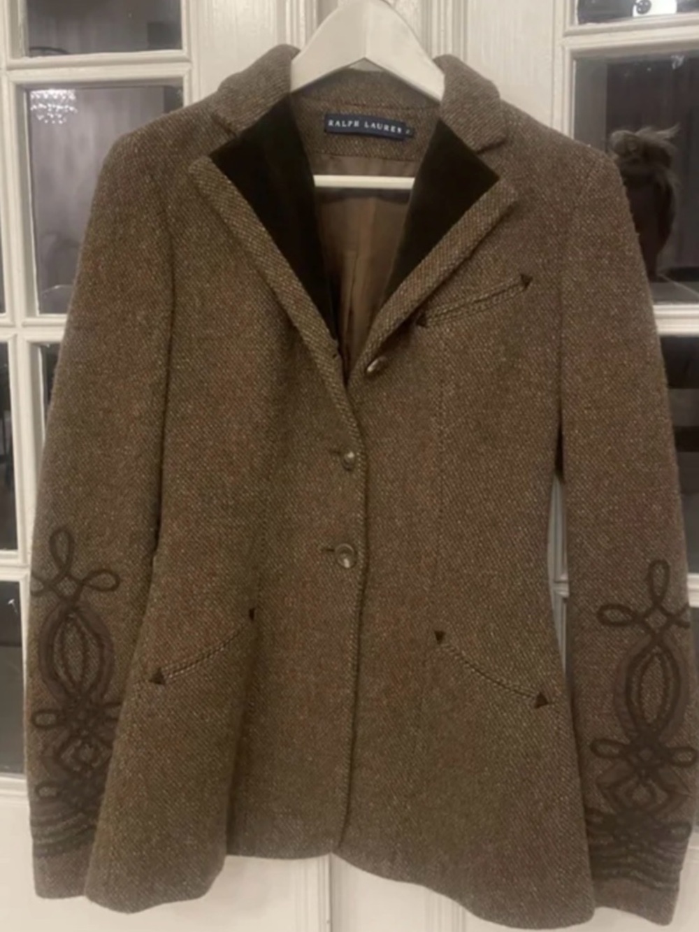 Vintage Ralph Lauren Brown Tweed Blazer with Soutache Embroidered Sleeves